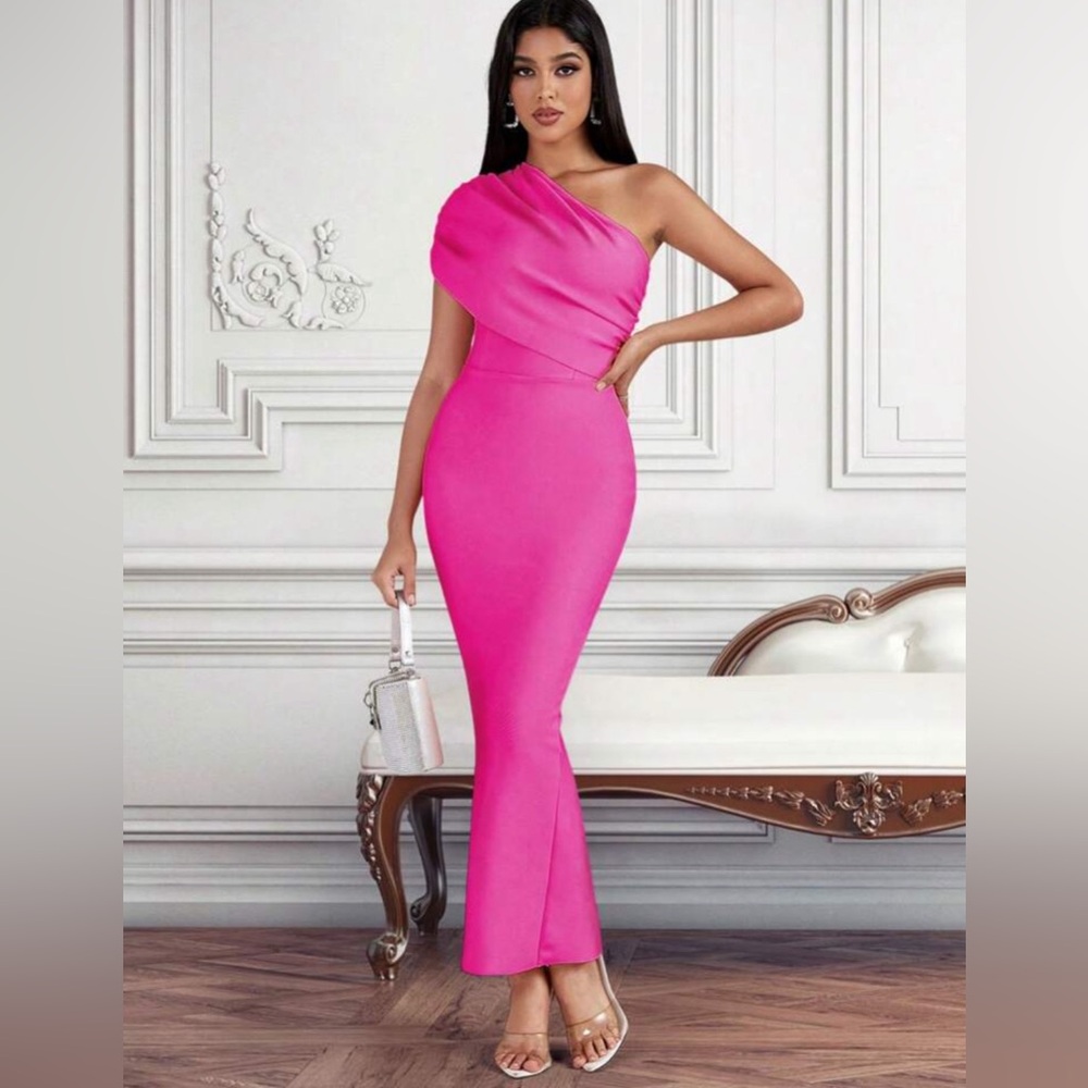 Women’s, pleated, one shoulder, waist cinched, maxi, party dress